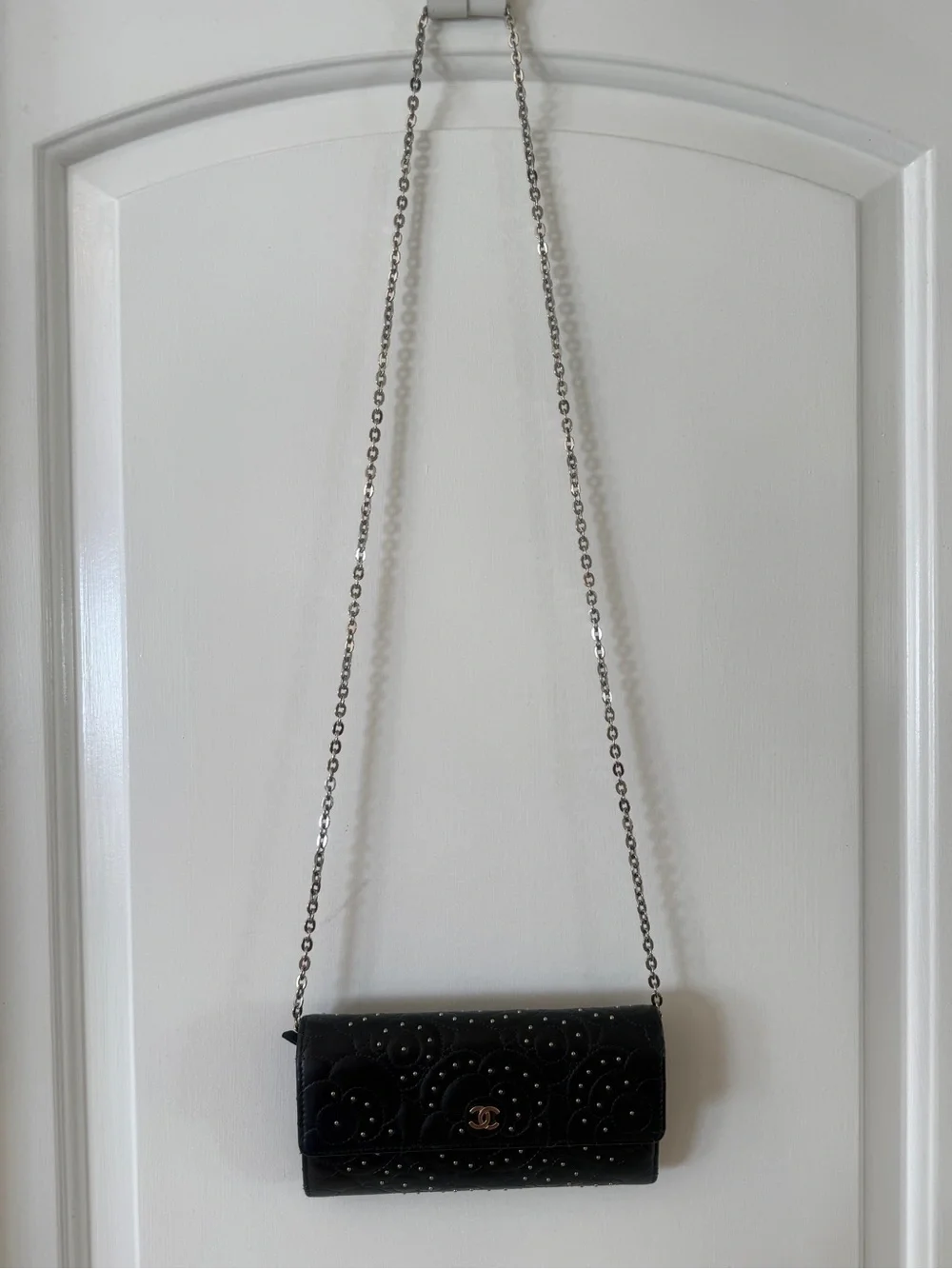 CHANEL Navy Blue Quilted Camellia Studded Leather Wallet, Unbranded Silver Chain
